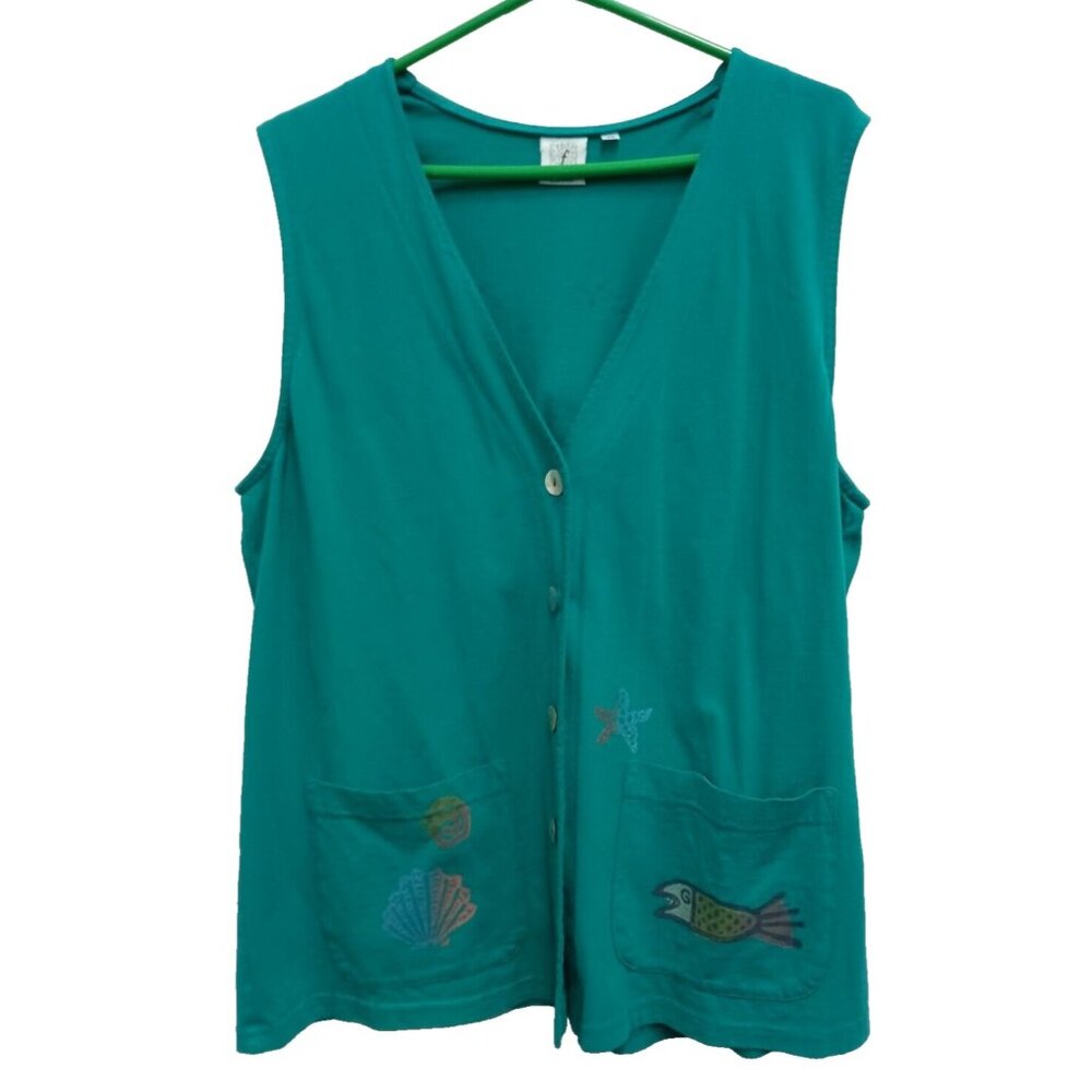 Focus Lagenlook Artsy Vest Womens Size Medium Green Fish Seashell Print Casual